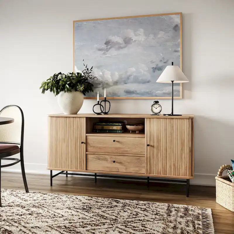 Tambour Door Sideboard Buffet with Drawers Open Shelf Black Metal Legs