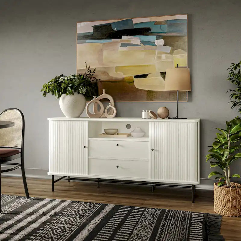 Tambour Door Sideboard Buffet with Drawers Open Shelf Black Metal Legs