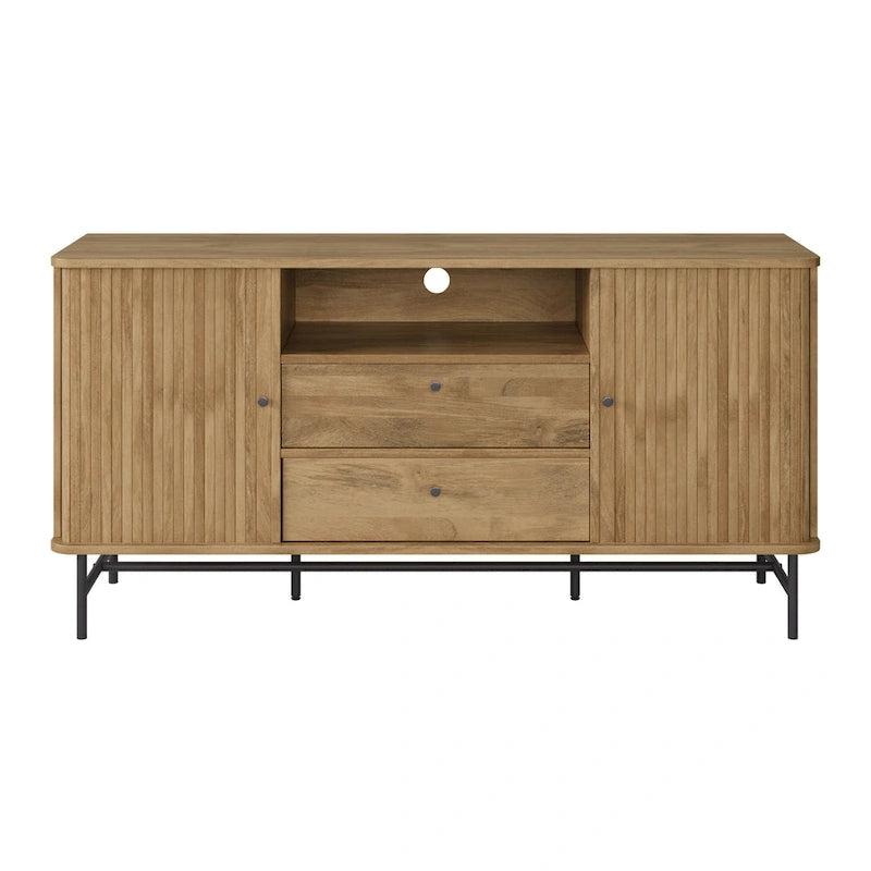 Tambour Door Sideboard Buffet with Drawers Open Shelf Black Metal Legs
