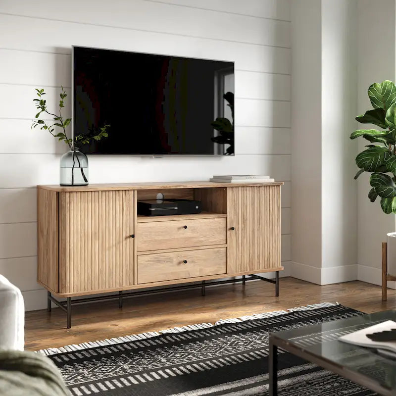 Tambour Door Sideboard Buffet with Drawers Open Shelf Black Metal Legs