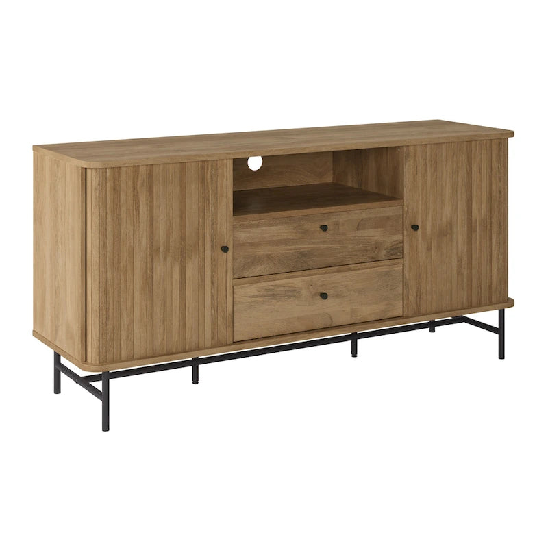 Tambour Door Sideboard Buffet with Drawers Open Shelf Black Metal Legs