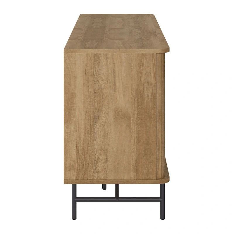 Tambour Door Sideboard Buffet with Drawers Open Shelf Black Metal Legs