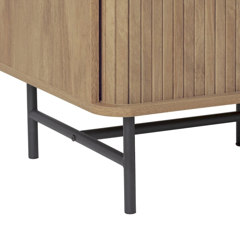 Tambour Door Sideboard Buffet with Drawers Open Shelf Black Metal Legs