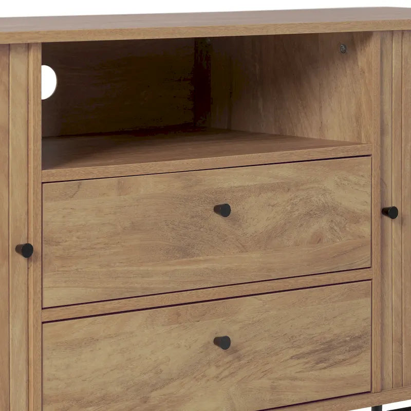 Tambour Door Sideboard Buffet with Drawers Open Shelf Black Metal Legs