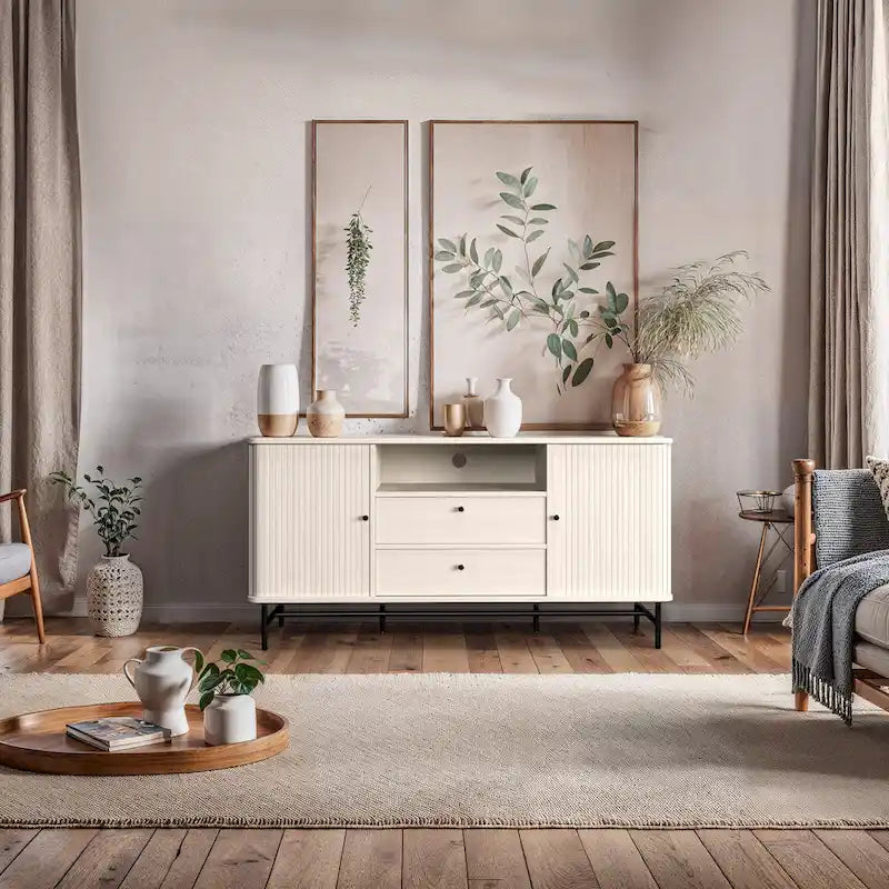 Tambour Door Sideboard Buffet with Drawers Open Shelf Black Metal Legs