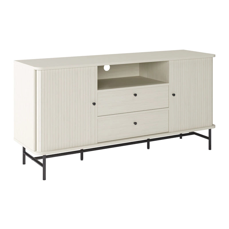 Tambour Door Sideboard Buffet with Drawers Open Shelf Black Metal Legs