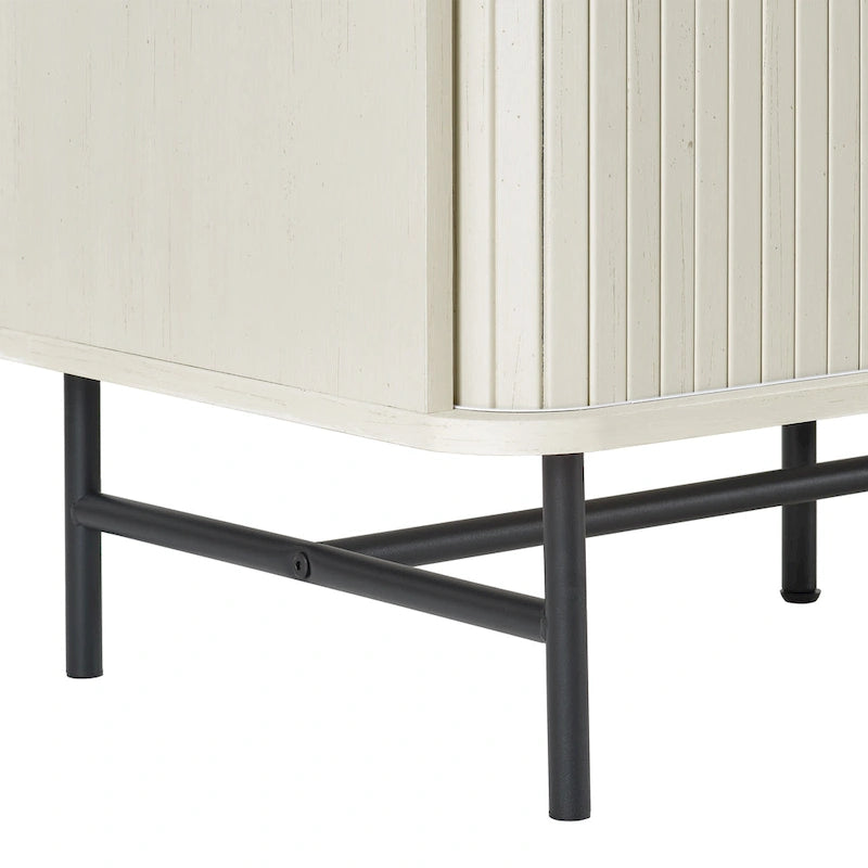 Tambour Door Sideboard Buffet with Drawers Open Shelf Black Metal Legs