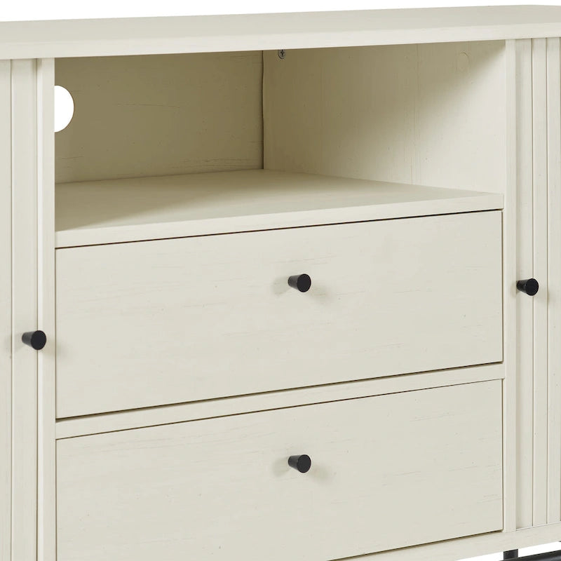 Tambour Door Sideboard Buffet with Drawers Open Shelf Black Metal Legs