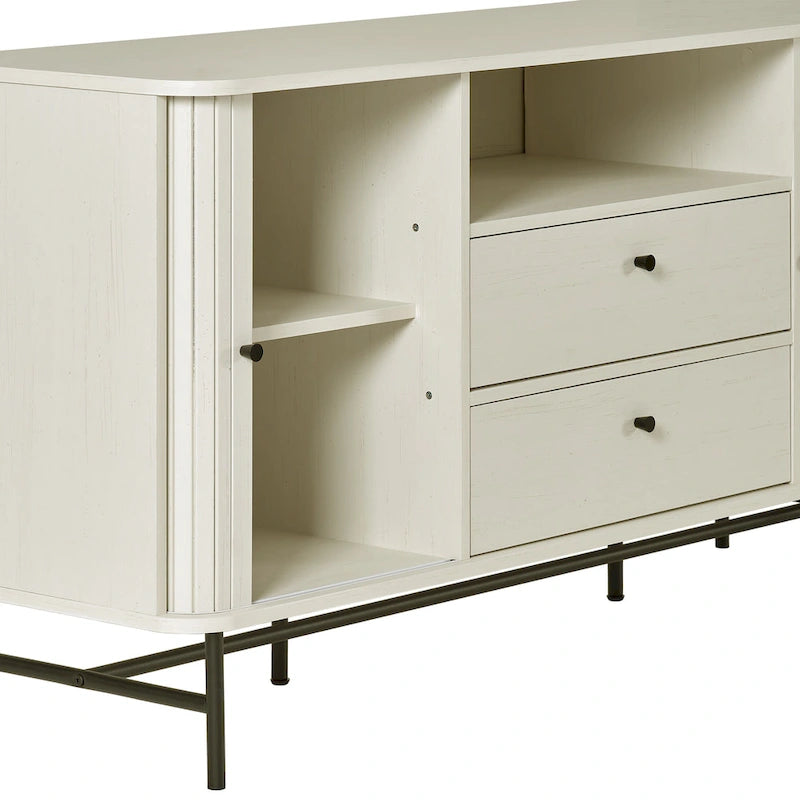 Tambour Door Sideboard Buffet with Drawers Open Shelf Black Metal Legs