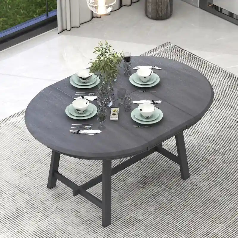 Round Extendable Dining Table with Flip Leaf Hidden Extension Rubberwood Legs
