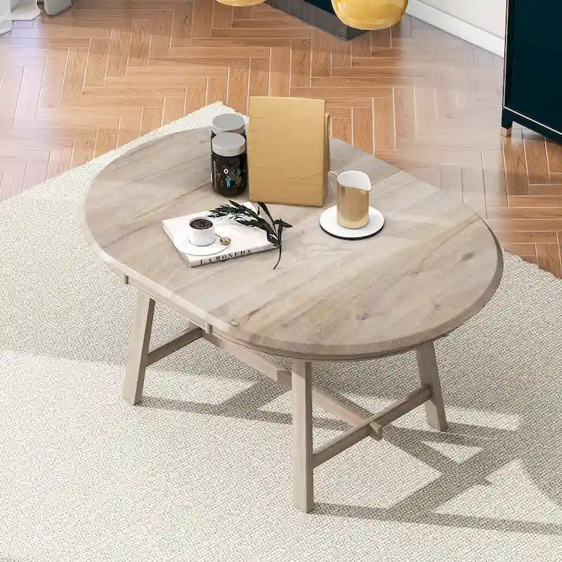 Round Extendable Dining Table with Flip Leaf Hidden Extension Rubberwood Legs