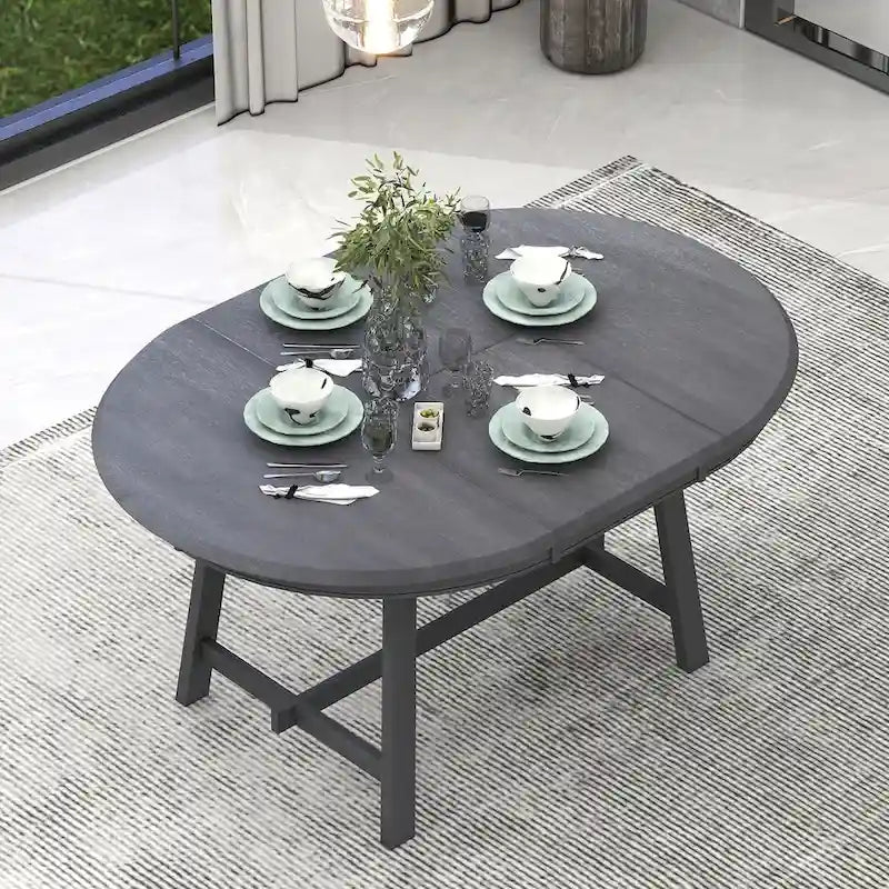 Round Extendable Dining Table with Flip Leaf Hidden Extension Rubberwood Legs