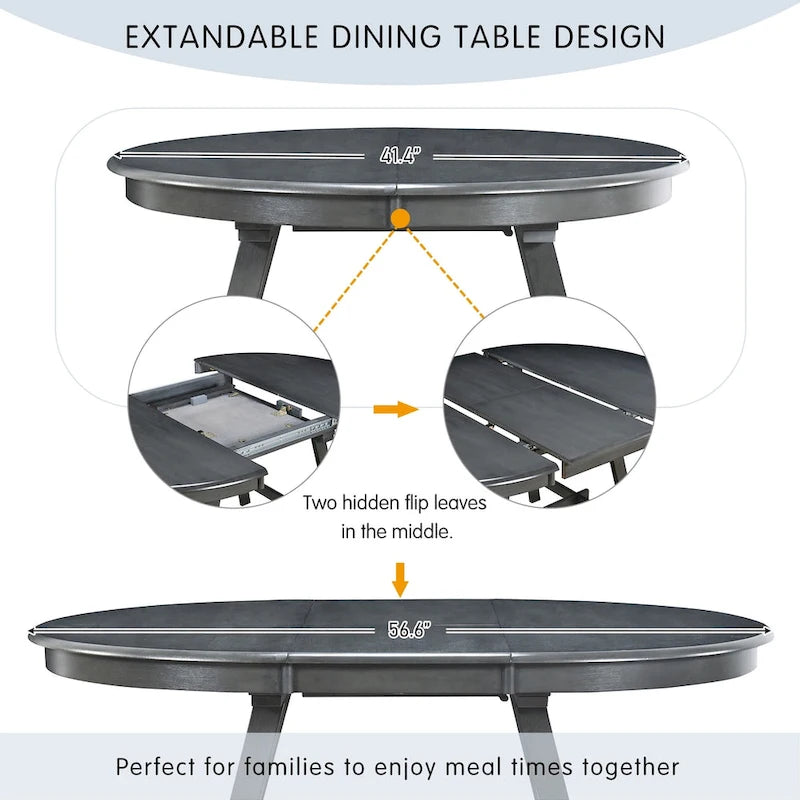 Round Extendable Dining Table with Flip Leaf Hidden Extension Rubberwood Legs