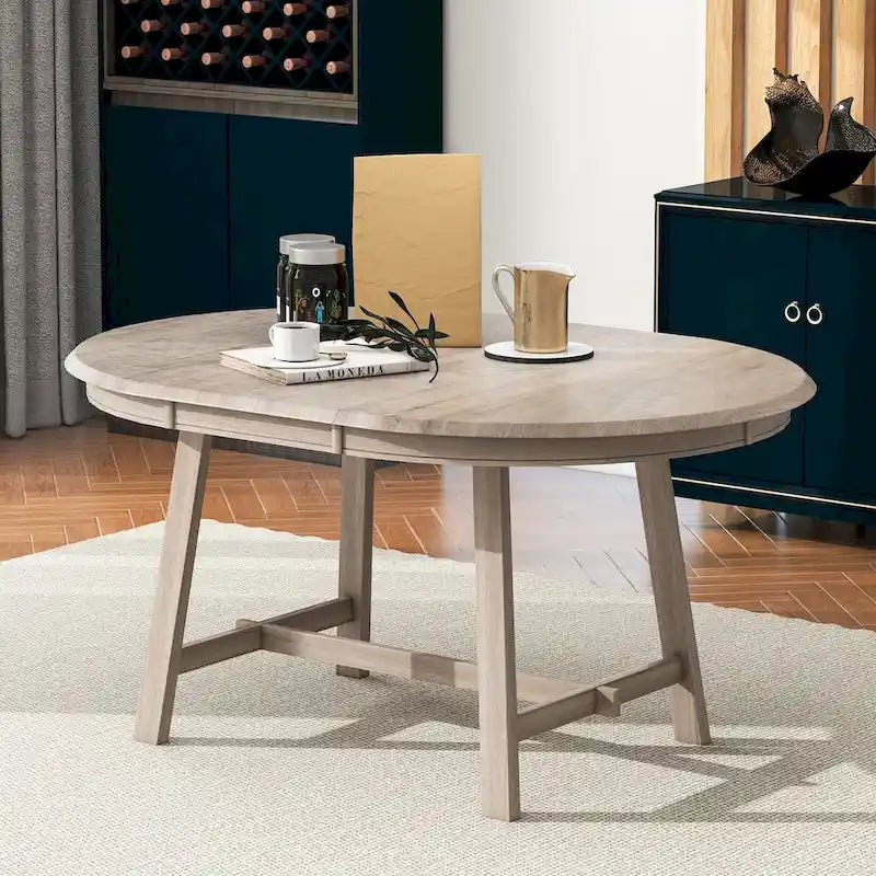 Round Extendable Dining Table with Flip Leaf Hidden Extension Rubberwood Legs