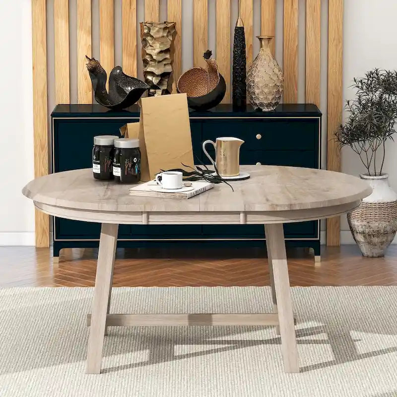 Round Extendable Dining Table with Flip Leaf Hidden Extension Rubberwood Legs