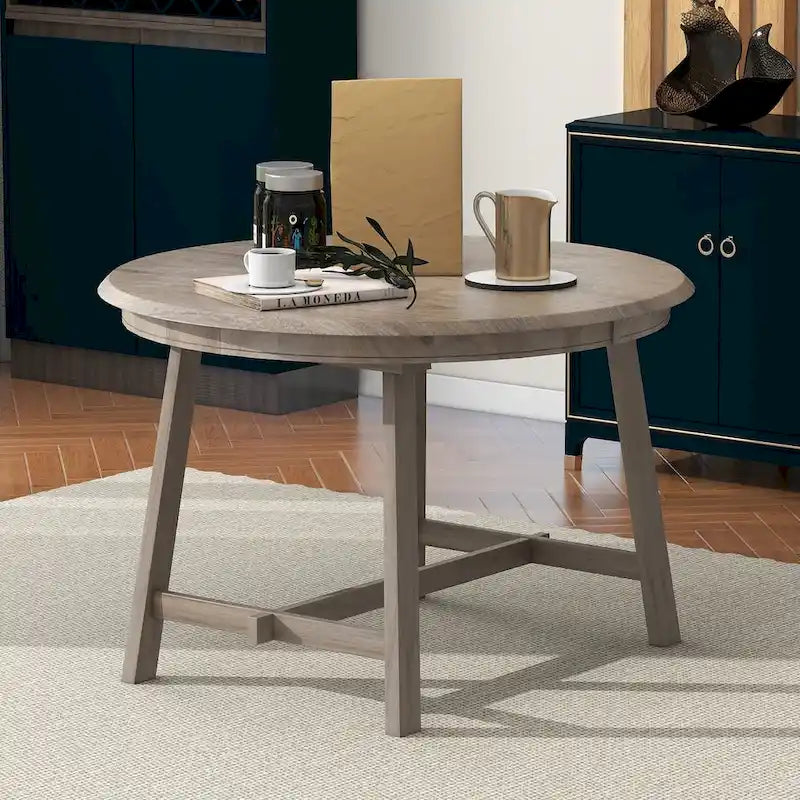 Round Extendable Dining Table with Flip Leaf Hidden Extension Rubberwood Legs