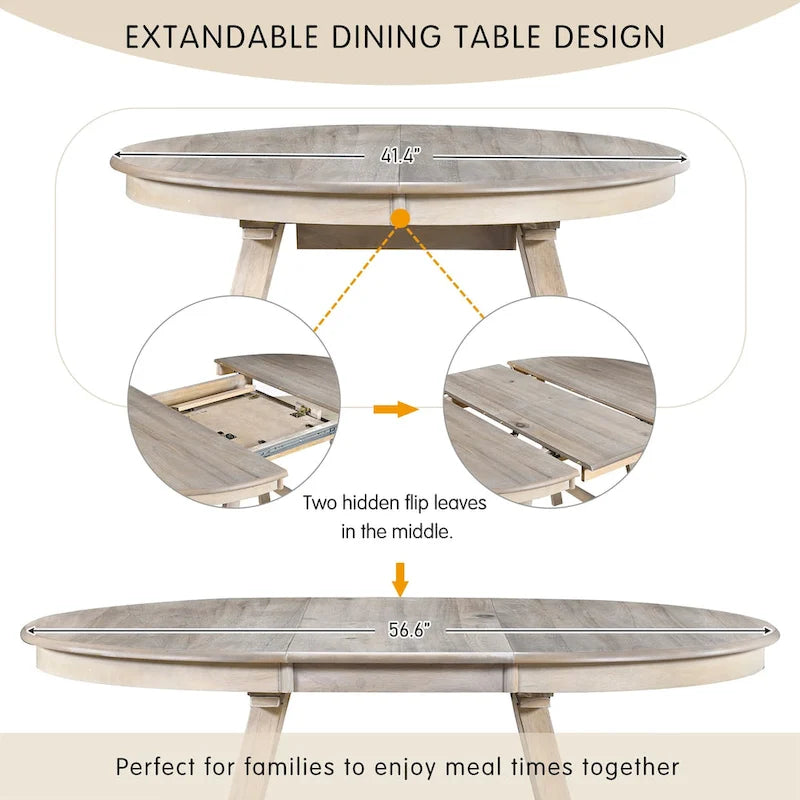 Round Extendable Dining Table with Flip Leaf Hidden Extension Rubberwood Legs