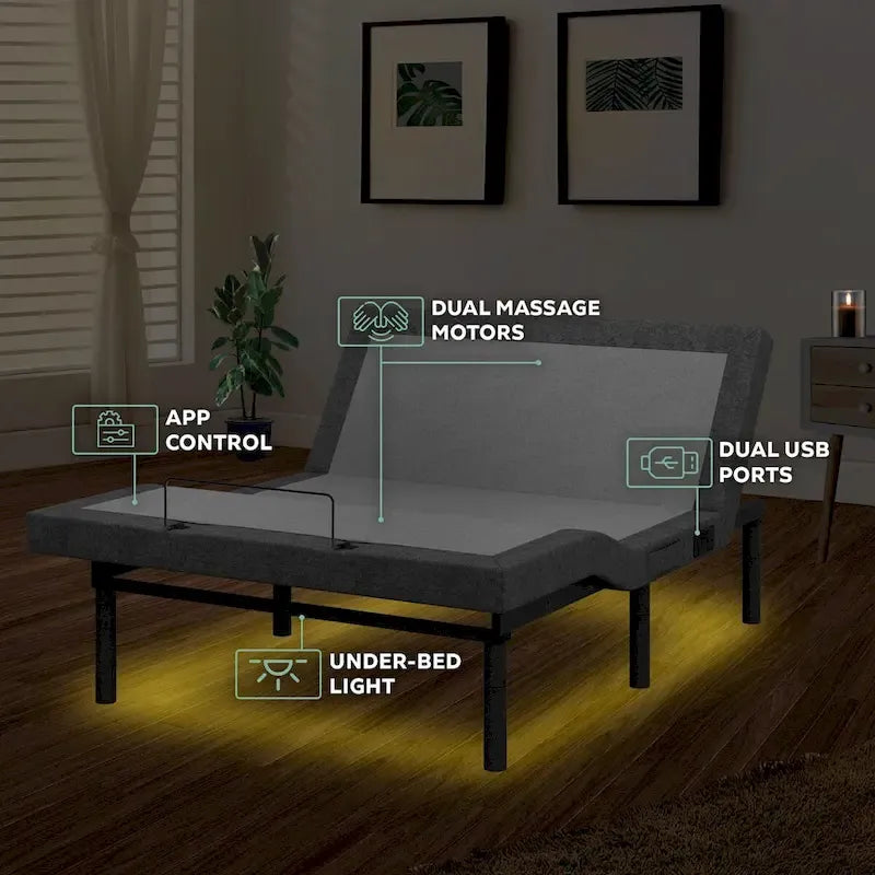 Adjustable Bed Base with Massage USB Ports and Under-Bed Lighting