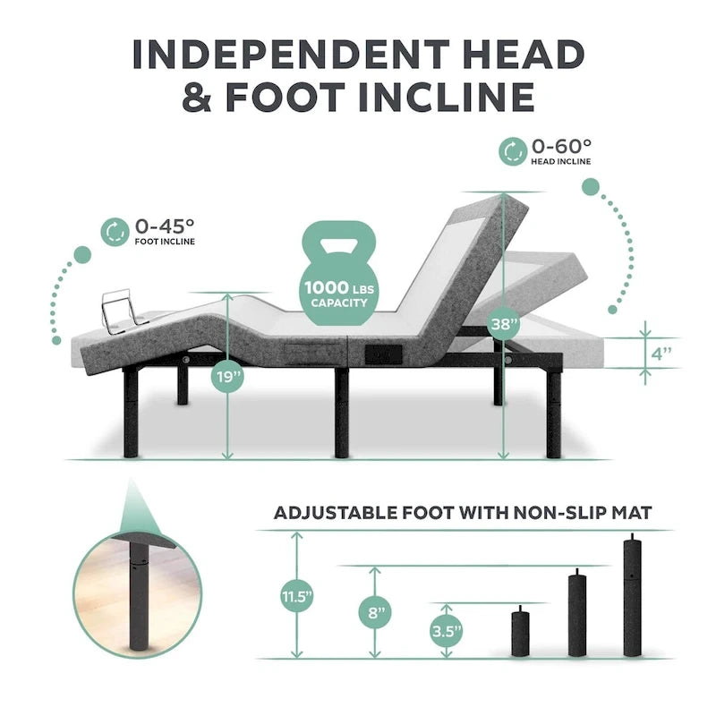 Adjustable Bed Base with Massage USB Ports and Under-Bed Lighting