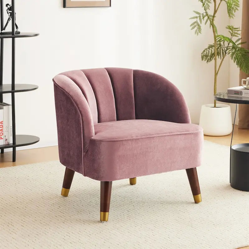 Velvet Barrel Accent Chair Channel Tufted Back Rubberwood Legs Gold Caps