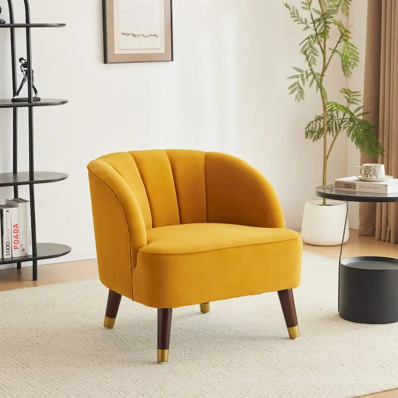 Velvet Barrel Accent Chair Channel Tufted Back Rubberwood Legs Gold Caps
