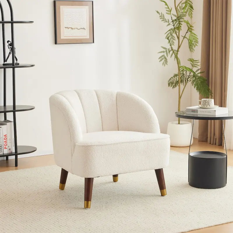 Velvet Barrel Accent Chair Channel Tufted Back Rubberwood Legs Gold Caps