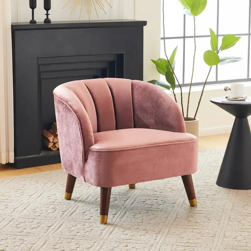 Velvet Barrel Accent Chair Channel Tufted Back Rubberwood Legs Gold Caps