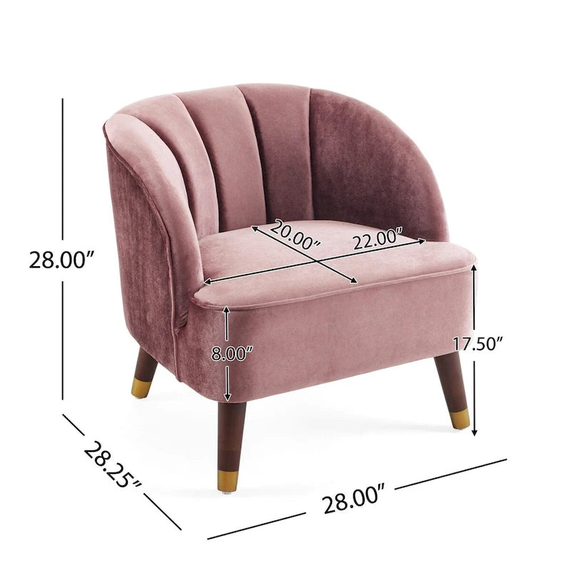 Velvet Barrel Accent Chair Channel Tufted Back Rubberwood Legs Gold Caps