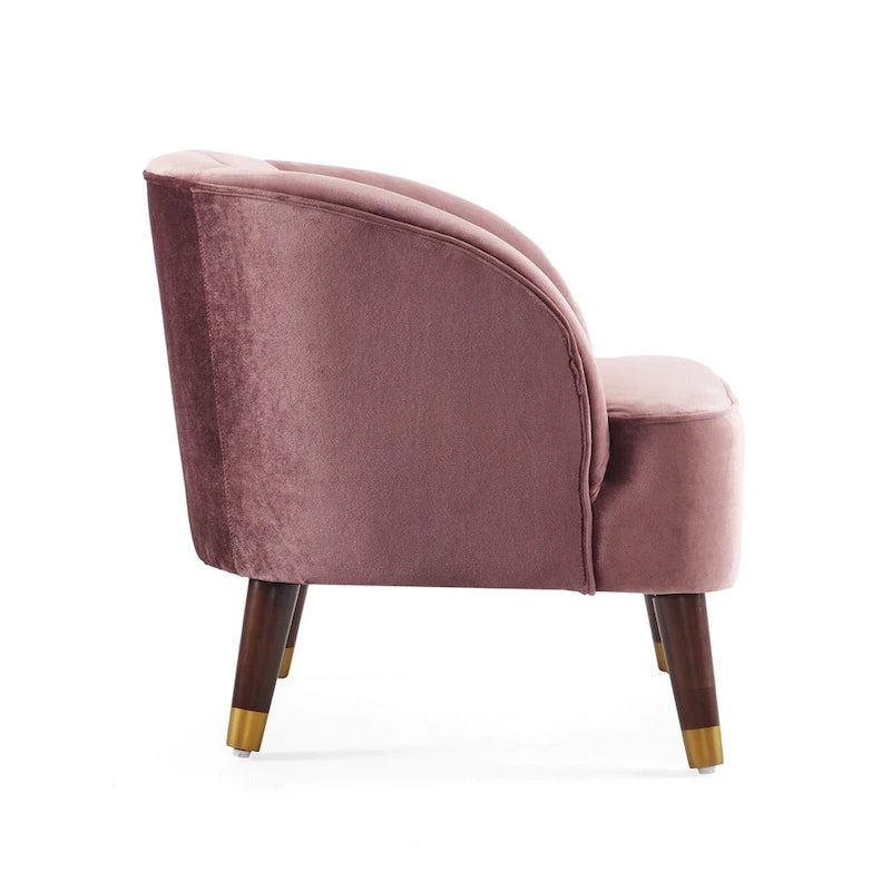 Velvet Barrel Accent Chair Channel Tufted Back Rubberwood Legs Gold Caps
