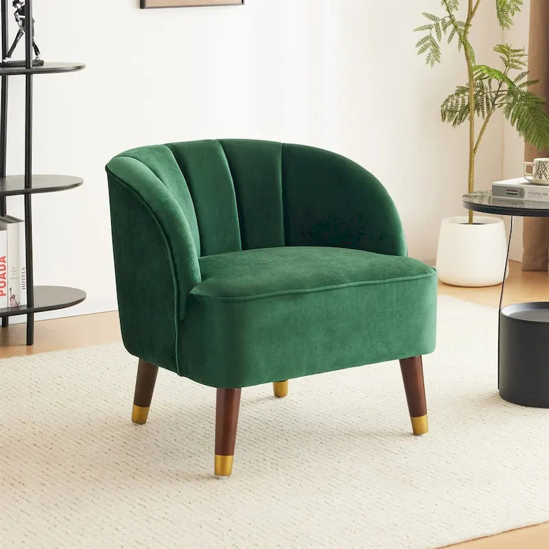 Velvet Barrel Accent Chair Channel Tufted Back Rubberwood Legs Gold Caps