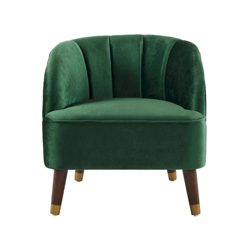 Velvet Barrel Accent Chair Channel Tufted Back Rubberwood Legs Gold Caps
