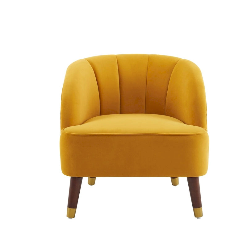 Velvet Barrel Accent Chair Channel Tufted Back Rubberwood Legs Gold Caps