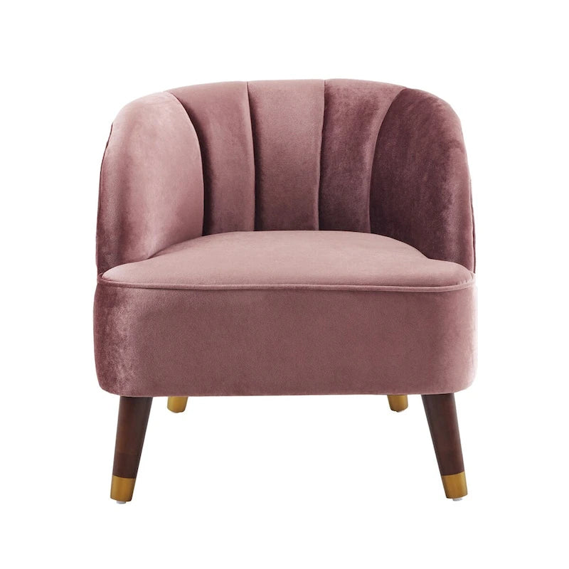 Velvet Barrel Accent Chair Channel Tufted Back Rubberwood Legs Gold Caps