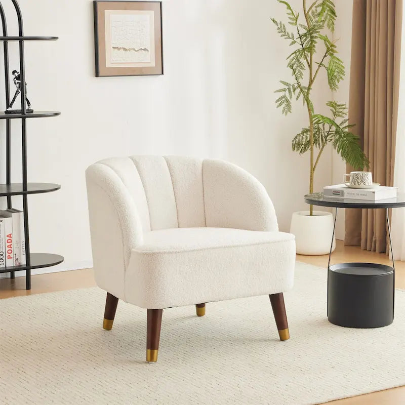 Velvet Barrel Accent Chair Channel Tufted Back Rubberwood Legs Gold Caps