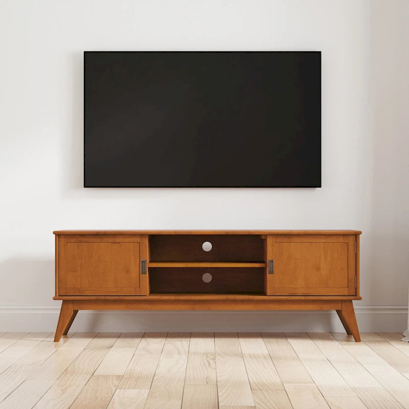 Mid-Century Solid Rubberwood TV Stand with Side Cabinets Angled Legs Teak Brown