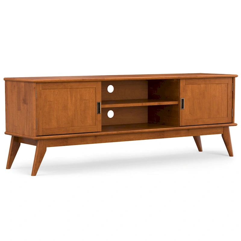 Mid-Century Solid Rubberwood TV Stand with Side Cabinets Angled Legs Teak Brown