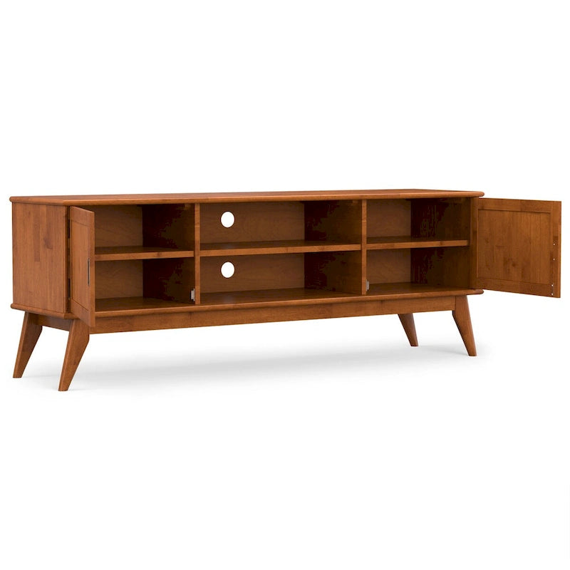 Mid-Century Solid Rubberwood TV Stand with Side Cabinets Angled Legs Teak Brown