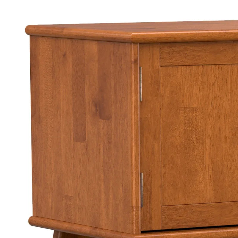 Mid-Century Solid Rubberwood TV Stand with Side Cabinets Angled Legs Teak Brown