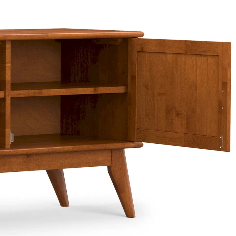 Mid-Century Solid Rubberwood TV Stand with Side Cabinets Angled Legs Teak Brown