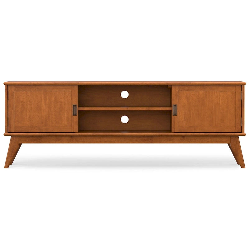 Mid-Century Solid Rubberwood TV Stand with Side Cabinets Angled Legs Teak Brown