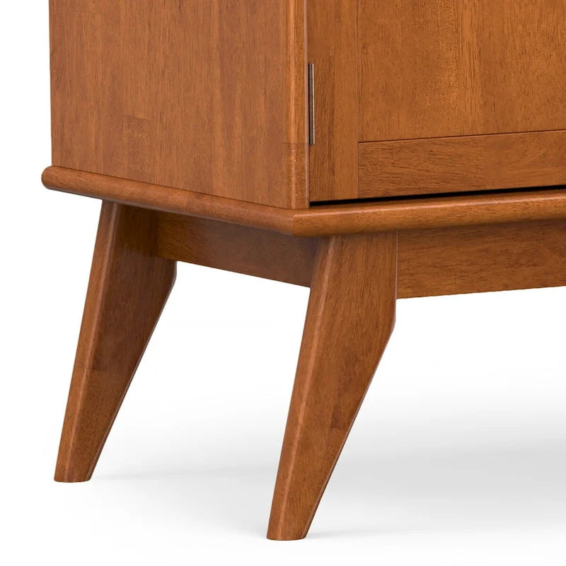 Mid-Century Solid Rubberwood TV Stand with Side Cabinets Angled Legs Teak Brown