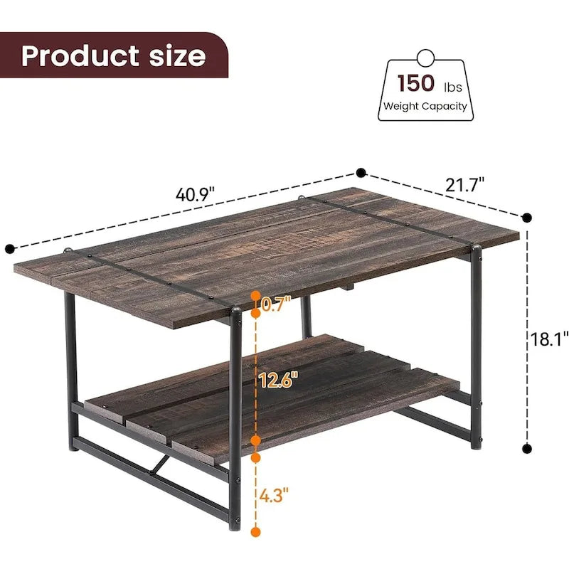 2-Tier Farmhouse Industrial Coffee Table with Lower Storage Shelf Steel Frame