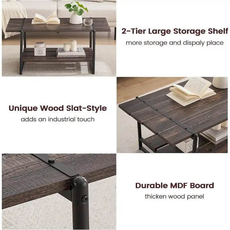 2-Tier Farmhouse Industrial Coffee Table with Lower Storage Shelf Steel Frame