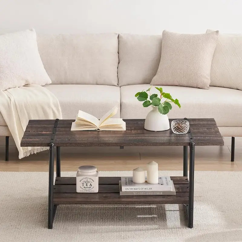 2-Tier Farmhouse Industrial Coffee Table with Lower Storage Shelf Steel Frame