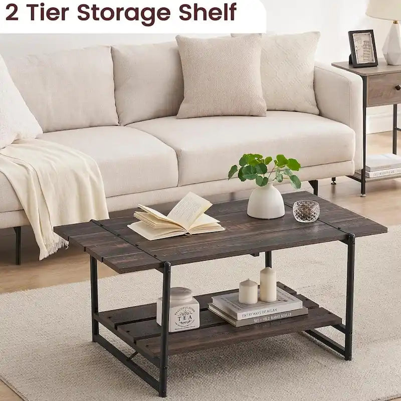 2-Tier Farmhouse Industrial Coffee Table with Lower Storage Shelf Steel Frame