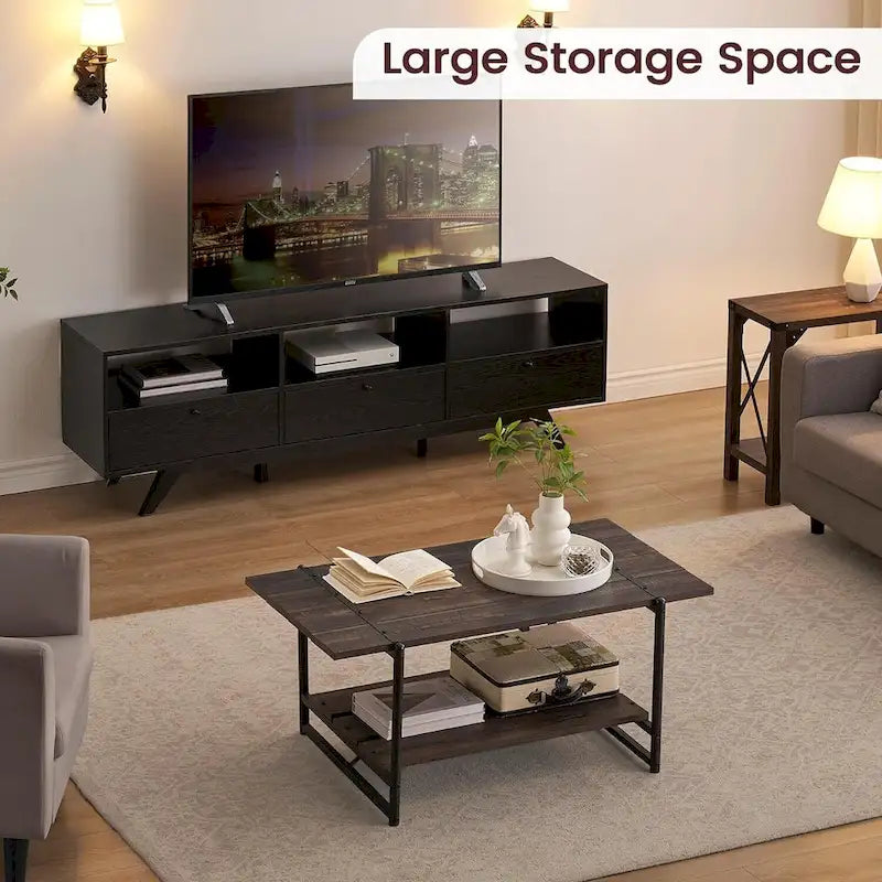 2-Tier Farmhouse Industrial Coffee Table with Lower Storage Shelf Steel Frame
