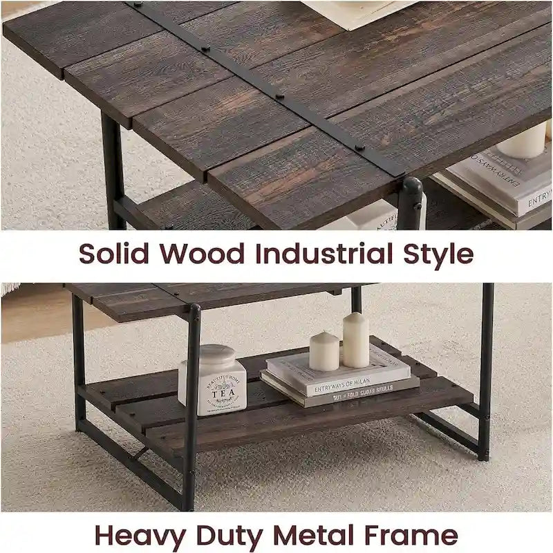 2-Tier Farmhouse Industrial Coffee Table with Lower Storage Shelf Steel Frame