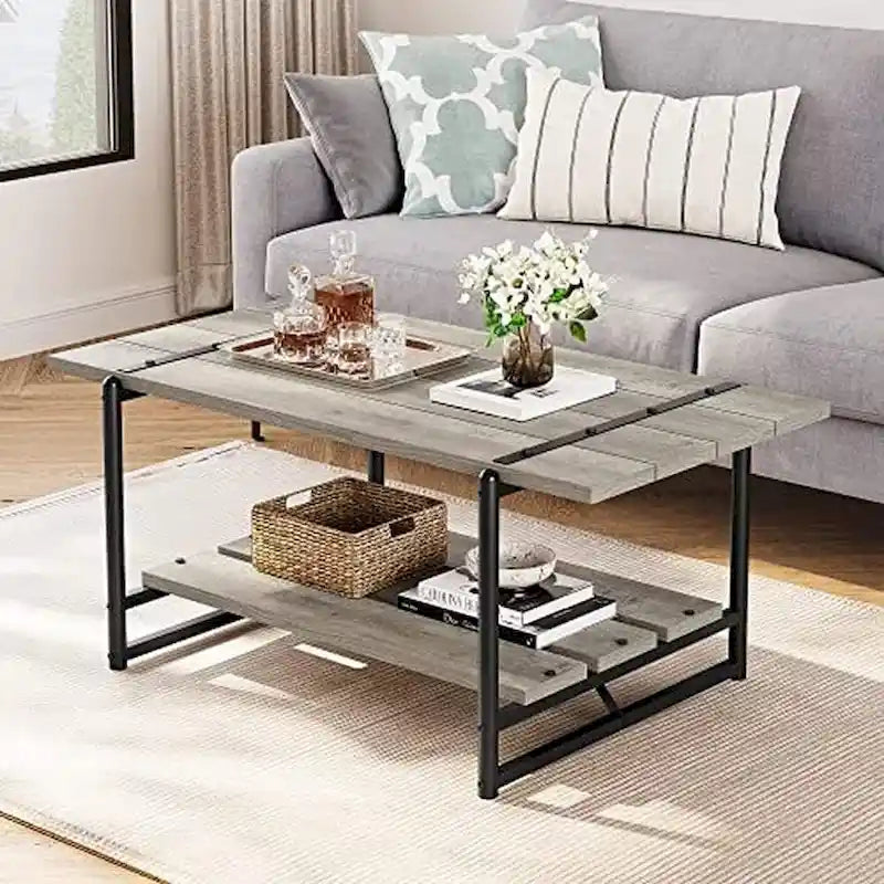 2-Tier Farmhouse Industrial Coffee Table with Lower Storage Shelf Steel Frame