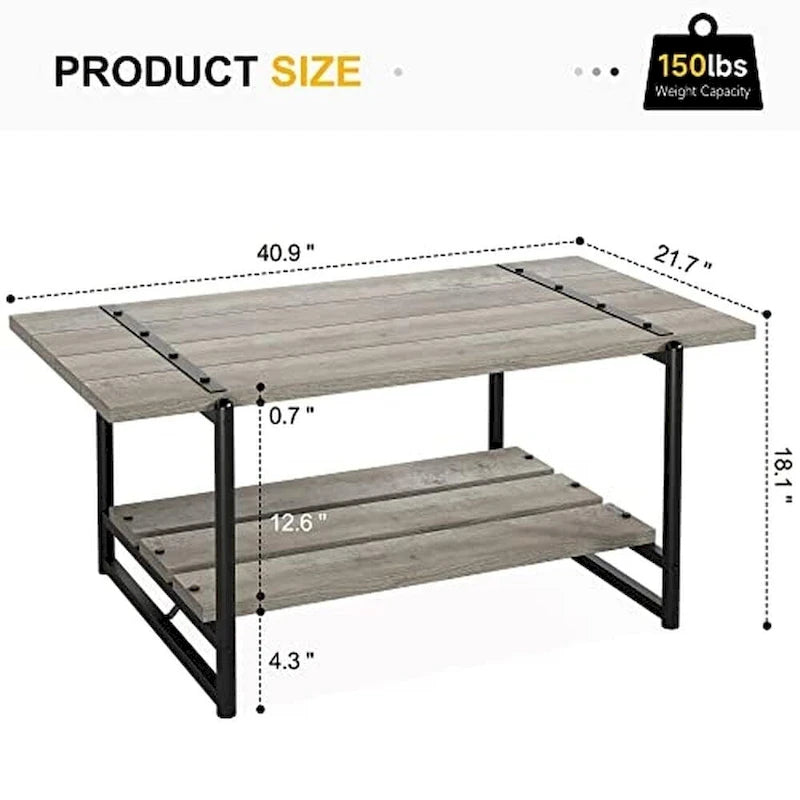 2-Tier Farmhouse Industrial Coffee Table with Lower Storage Shelf Steel Frame