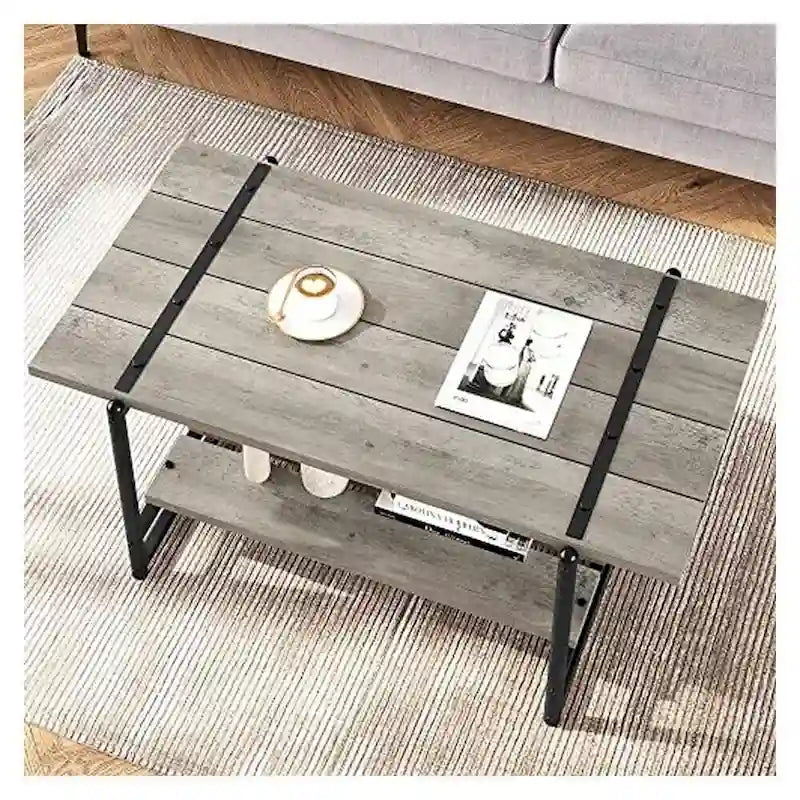 2-Tier Farmhouse Industrial Coffee Table with Lower Storage Shelf Steel Frame